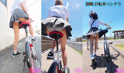 【縦型動画】ミニスカ服2人組、自転車パンチラ（1）強風でスカートめくれて街中で恥ずかしい風パンチラ