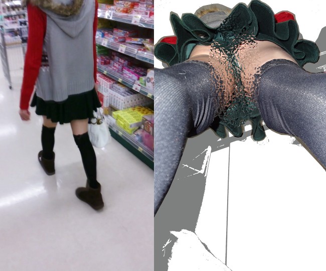 【逆さ撮り・パンチラ】 スーパーの食品売り場でスカート内を盗撮（ニーハイ）